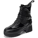 Women's Chunky Heel Combat Boots Platform Lace Up, High Top Ankle Boots Fall Winter Streetwear, Non-Slip Block Heel (Hot Rod)