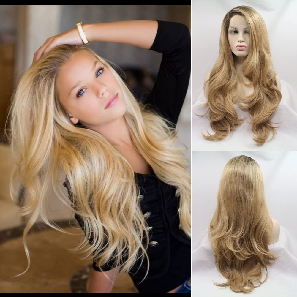13×3 Ombre Blonde Long Wave Wig Pre Plucked Natural Hairline Brown Blonde Ombre Synthetic Lace Front Wigs for Women Cosplay Party Daily Wear 24" Blonde Wigs with Dark Root Side Part Heat Safe