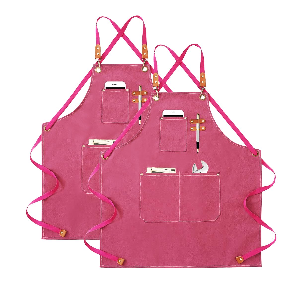 CHAILIQIANGG APRON, Unisex Waterproof Canvas Kitchen Apron (2 Pieces), Adjustable Strap, 3 Pockets, Pink, 120 cm