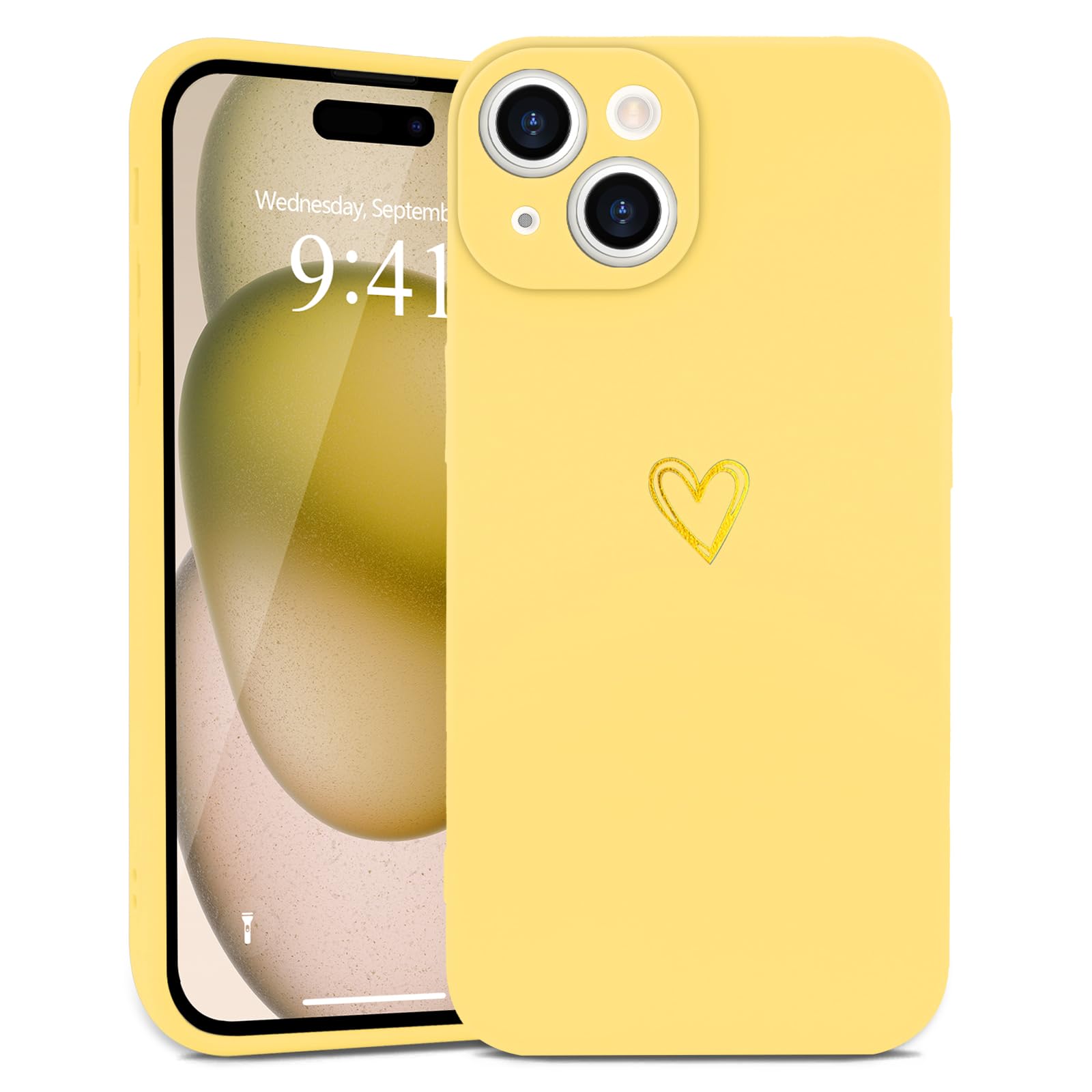 Wirvyuer for iPhone 15 Plus Case Cute Heart Pattern Soft Shockproof Protective Silicone Phone Case for Women Girls, Yellow — image 1