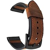 Abanen for Fitbit Versa 4/Sense 2 Watch Bands,Genuine Leather Silicone Hybrid Men Wristband Strap with Stainless Steel Clasp for Fitbit Sense 2