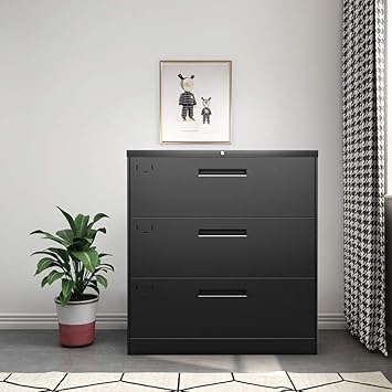 Amazon Com Goujxcy 3 Drawer Steel Lateral File Cabinet Metal Steel Filing Cabinet With Lock For Home Office Anti Tilt Structure Black Kitchen Dining