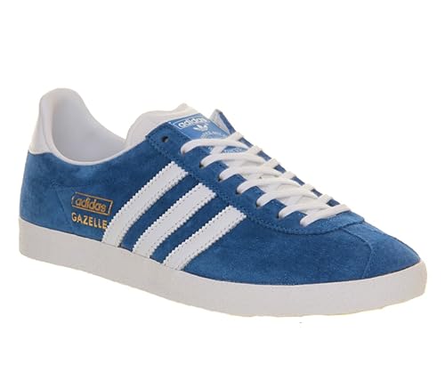blue and white adidas gazelle