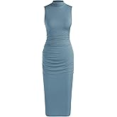 CIDER Bodycon Dresses for Women Mock High Neck Sleeveless Ruched Dresses Summer Cocktail Work Midi Dress Trendy