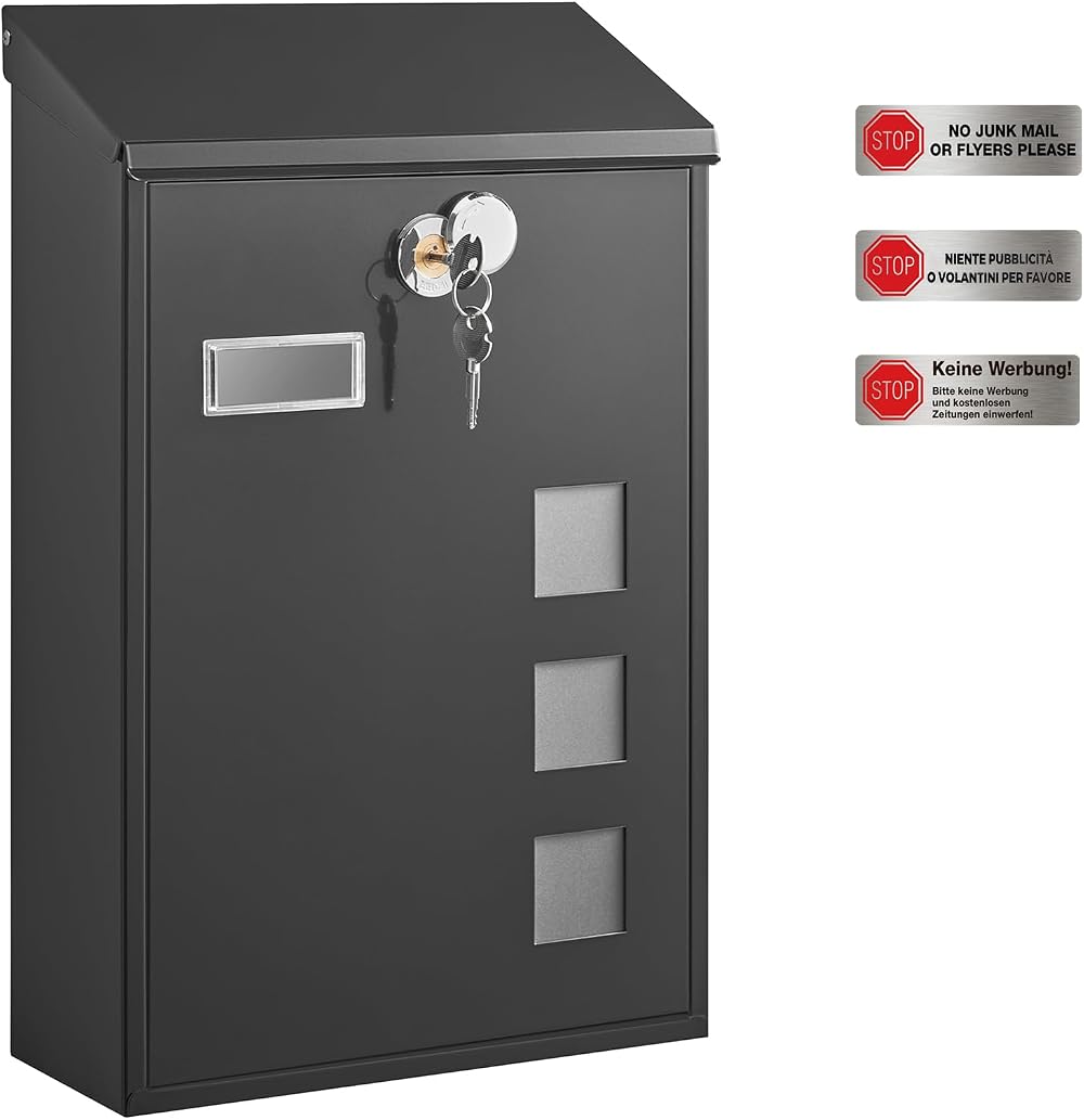 SONGMICS Modern Wall Mounted Post Box with Viewing Windows Copper Core Lock
