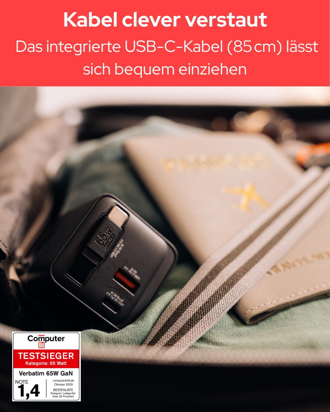 Verbatim GaN Charger 65 W 2-Port USB-C Ladegerät mit ausziehbarem USB-C Kabel, USB-C und USB-A Power Adapter, Schnellladegerät für Apple iPad, iPhone, Samsung & Co, Travel Adapter für EU, UK, USA 6