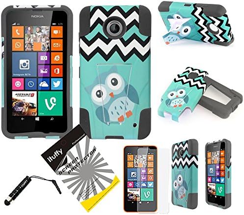 3 items Combo: ITUFFY(TM) LCD Screen Protector Film + Stylus Pen + 2 tone Design Dual Layer KickStand Tuff Impact Armor Hybrid Soft Rubber Silicone Cover Hard Snap On Plastic Case for Nokia Lumia 635 (4.5" inch Screen Size) (Teal Blue Black White Chevron Night Owl - Black)