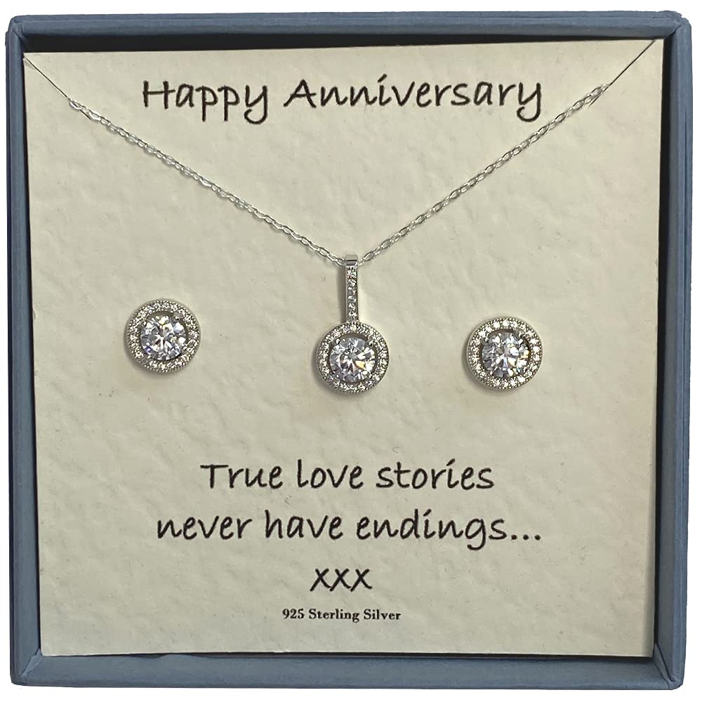 Strictly Gifts Sterling Silver Cubic Zirconia Halo Pendant and Stud Earring Set with Happy Anniversary Message Card and Gift Box for Wife or Girlfriend