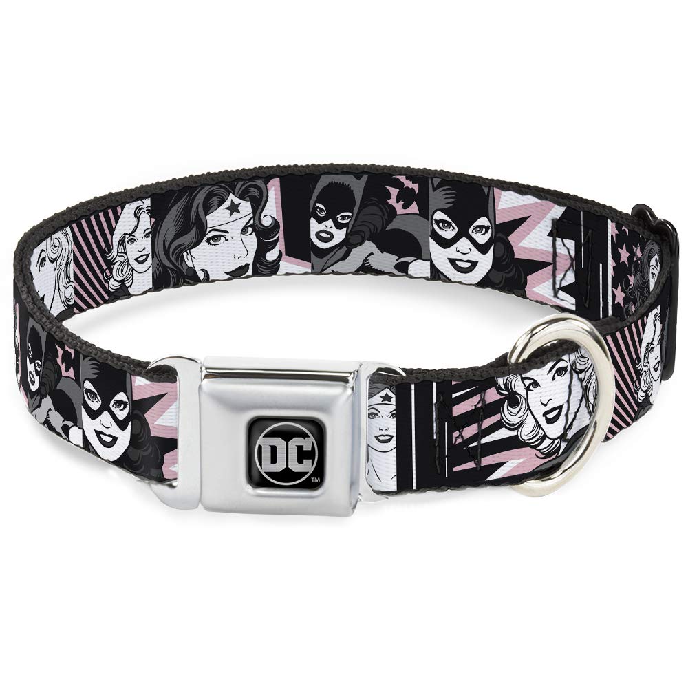 Dog Collar Seatbelt Buckle Batgirl Wonder Woman Supergirl Retro Panels Black Pink White 18 to 32 Inches 1.5 Inch Wide