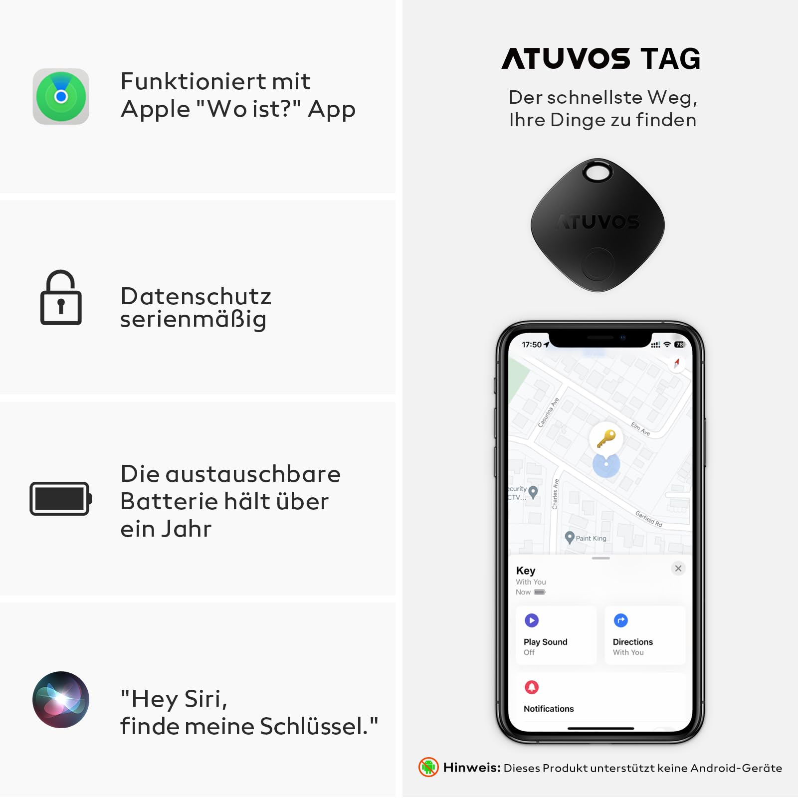 ATUVOS Air Tag Schlüsselfinder 4er Pack, Smart Tracker KeyFinder Kompatibel mit Apple Wo ist? APP (iOS NUR,Android Nicht unterstützt) Bluetooth Key Finder für Gepäck/Koffer/Taschen,Austauschbarer Akku 2