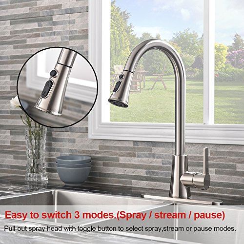 VALISY Lead-Free Commercial Stainless Steel High-Arch Brushed Nickel Single Handle Pull Down Sprayer Kitchen Sink Faucets, Kitchen Faucet with Deck Plate