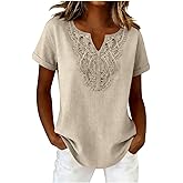 Cotton Linen Shirts for Women Short Sleeve Boho Peasant Tops Trendy Dressy Cut V Neck Lace Blouses Flowy Gauze Tunic