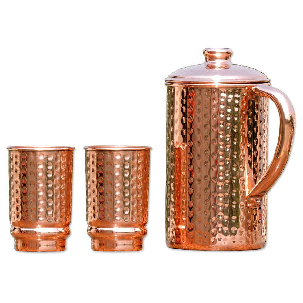 Pure Copper Ayurveda Pitcher and Tumbler Set - Hammered Design Jug with 2 Tumbers