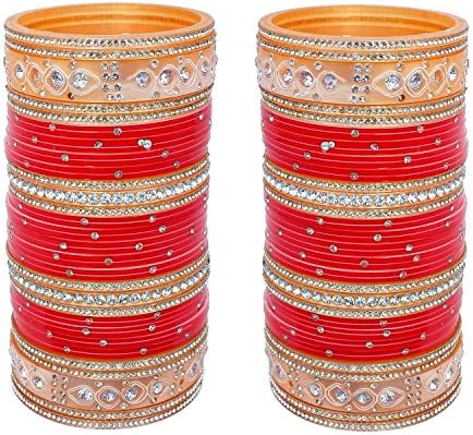 Ddivaa Karva Chauth Special Red Designer Golden Stone Bridal Fashion Punjabi Choora Wedding Chura Set (2.6 Size)