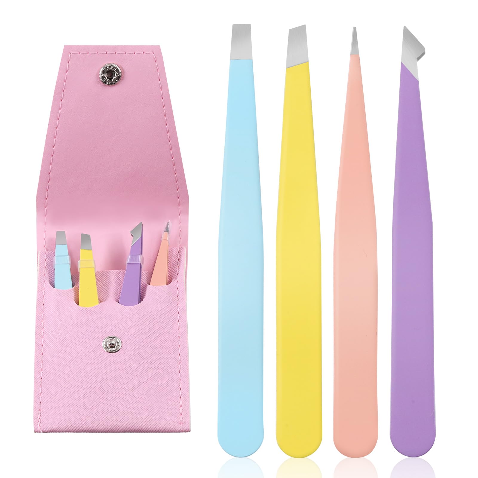 Tanstic 4Pcs Eyebrow Tweezers Set, Stainless Steel Slant Tweezer Precision Splinter Tweezers Hair Removal Tweezers with Storage Case for Facial Hair, Splinter, Ingrown Removal