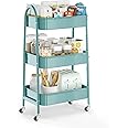 EAGMAK 3 Tier Utility Rolling Cart, Metal Storage Cart with Handle and Lockable Wheels, Multifunctional Storage Organizer Trolley with Mesh Baskets for Kitchen, Living Room, Office, Garage (Green)