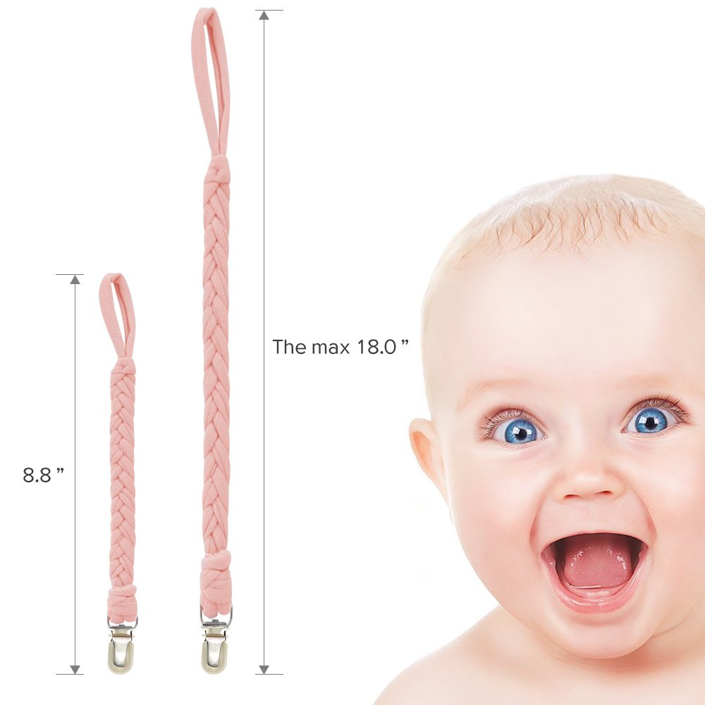 Pacifier Clips, Universal Baby Teething Ring Holder for Boys& Girls, Flexible Holder Leash for All Pacifiers,Teething Toy Or Soothie (Pack of 4 PCS Pink/Blue/Rose Red/Purple)