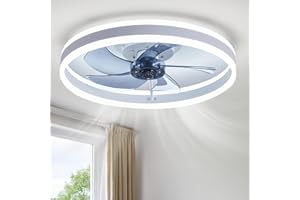 19.7 Inch White Low Profile Ceiling Fan with Light and Remote, Flush Mount, Noiseless DC Motor, Reversible, 6 Speed with Time