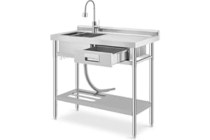 TIOUTBOT 39.4"x19.7"x38.6" Stainless Steel Utility Sink, Freestanding Single Bowl with Drawer, Pull-Out Hot & Cold Faucet, Drain Basket & Dish Rack for Laundry Room, Garage, Kitchen