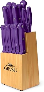 Ginsu KIS-PU-DS-014-2 Kiso Dishwasher Safe Purple 14 Piece Set Natural Block, 9"W x 15"H x 5"D,