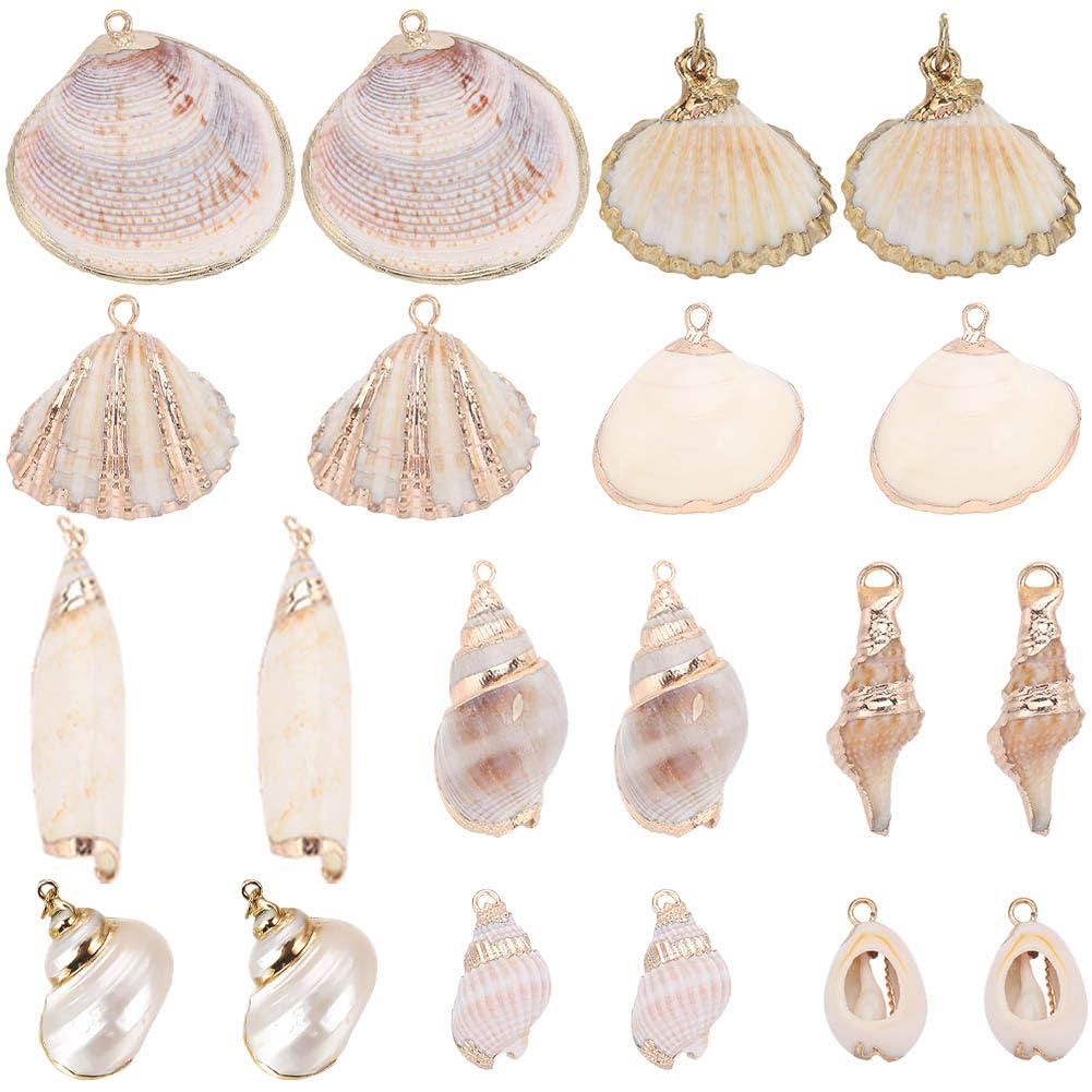 SUNNYCLUE 20Pcs 10 Styles Seashell Charms, Bulk Gold Electroplated Natural White Conch Cowrie Ocean Beach Charm for Jewelry Making, Women DIY Necklaces Earrings Crafts, White, Gold โ image 1