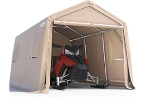 ADVANCE OUTDOOR 10X15 ft Garage Shelter Steel Metal Peak Roof Portable Storage Shed Carports for Motorcycle Boat, or Garden Tools with 2 Roll up Doors & Vents, Beige