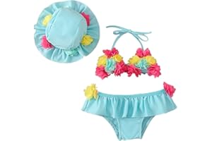 Infant Baby Girl Swimsuit 3D Flower Halter Triangle Top Bikini Bottom Set with Sun Hat 3Pcs Bathing Suit 0-24M
