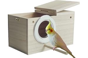SHGNUY Parakeet Nesting Box, 7.87 X 4.72 X 4.72 inch Bird Nest Breeding Box with Perch Parrot Mating Box Wood Bird House Aviary for cage (S Horizontal Wood)