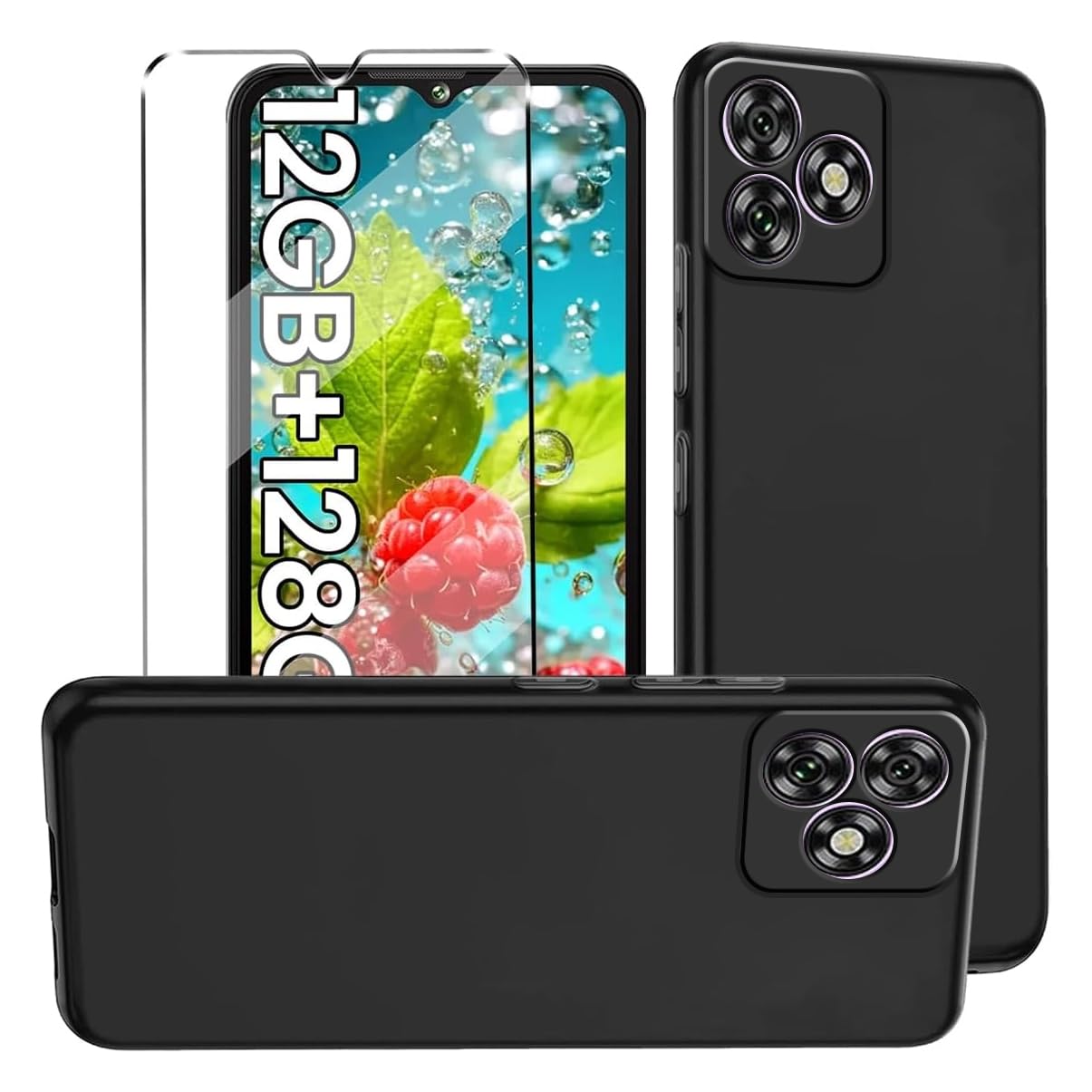 HuiYouMY 2-in-1 Case Compatible with Oukitel C53 Cover with 1 Pack Tempered Glass Screen Protector for Oukitel C53, Slim Fit Soft TPU Shockproof Anti-Scratch Phone Case Cover - Black