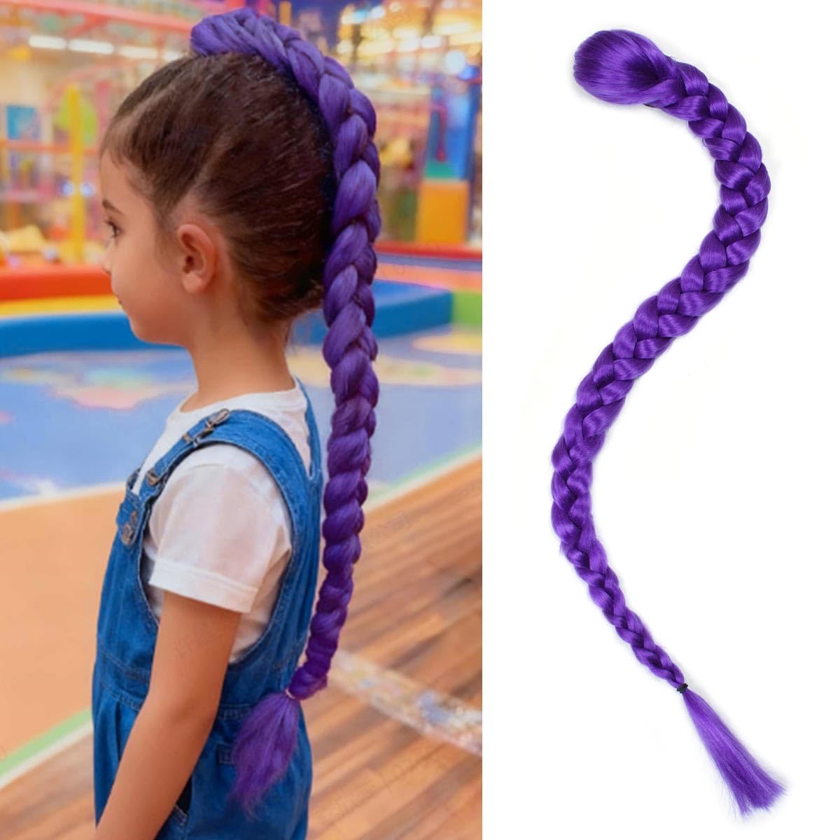 Photo 1 of 26 inch Long Purple Braid Ponytail Pre Stretched Purple Hair Extensions for Braids Easy Clip in Ponytail for Cosplay Halloween Costume