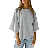 Tankaneo Womens Oversized Tshirts 3/4 Sleeve Drop Shoulder Tops Summer Casual Loose Fit Basic Tee Shirts