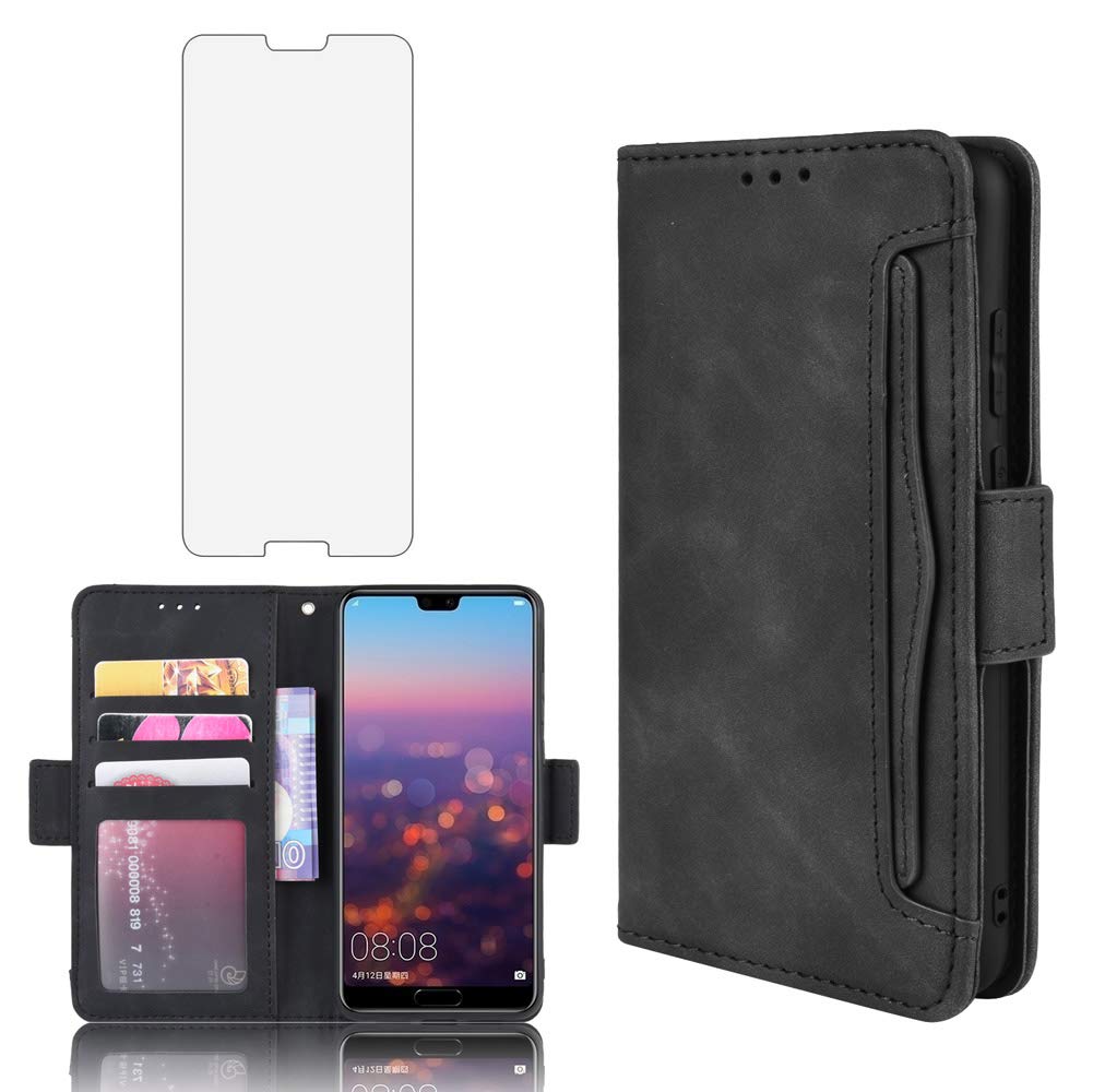 Phone Case for Huawei P20 Wallet Purse Leather Flip Cover With Tempered Glass Screen Protector Card Holder Slot Stand Kickstand Shockproof Protective Hawaii P 20 P20case Girls Cover Boys Black — image 1