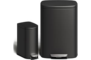 Garvee 13 gal (50 L) and 2.6 gal (10 L) Metal Trash Can Combo Set, Rustproof Garbage Can with Lid, Step-on Trash Bin with Inner Bucket, Rear Handle, Black