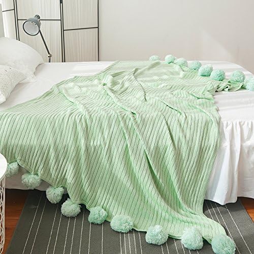 ZHIMIAN Reversible 100% Cotton Knit Throws Pompoms Fringe Solid Hypoallergenic Blanket(39" WX59 L Aqua)