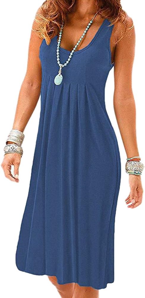 CamisunnyWomen Casual Loose Tank Dresses Sleeveless Beach Vacation Dress Swing Pleated U Neck Fashion Soft