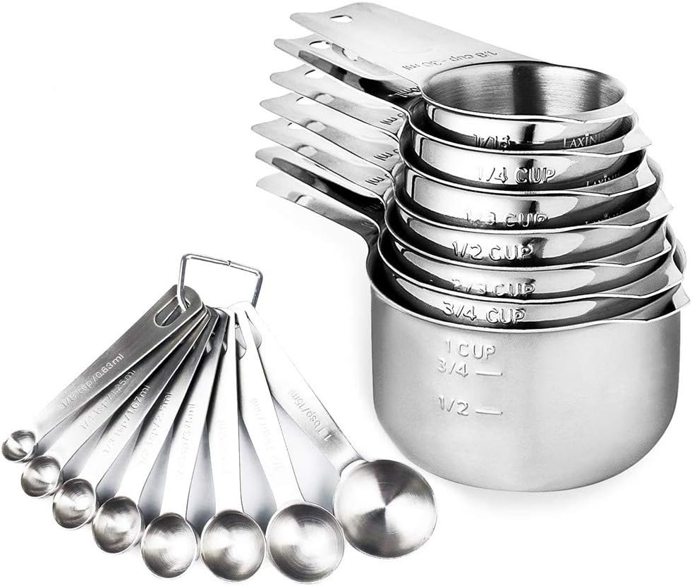 Measuring Cups and Spoons Set Stainless Steel,Coffee Scoop,15 Piece Stacking Kitchen Measuring Tool, 7 Cups and 8 Spoons with 2 D-Rings,Liquid Measuring Cup or Dry Measuring Cup for Cooking and Baking