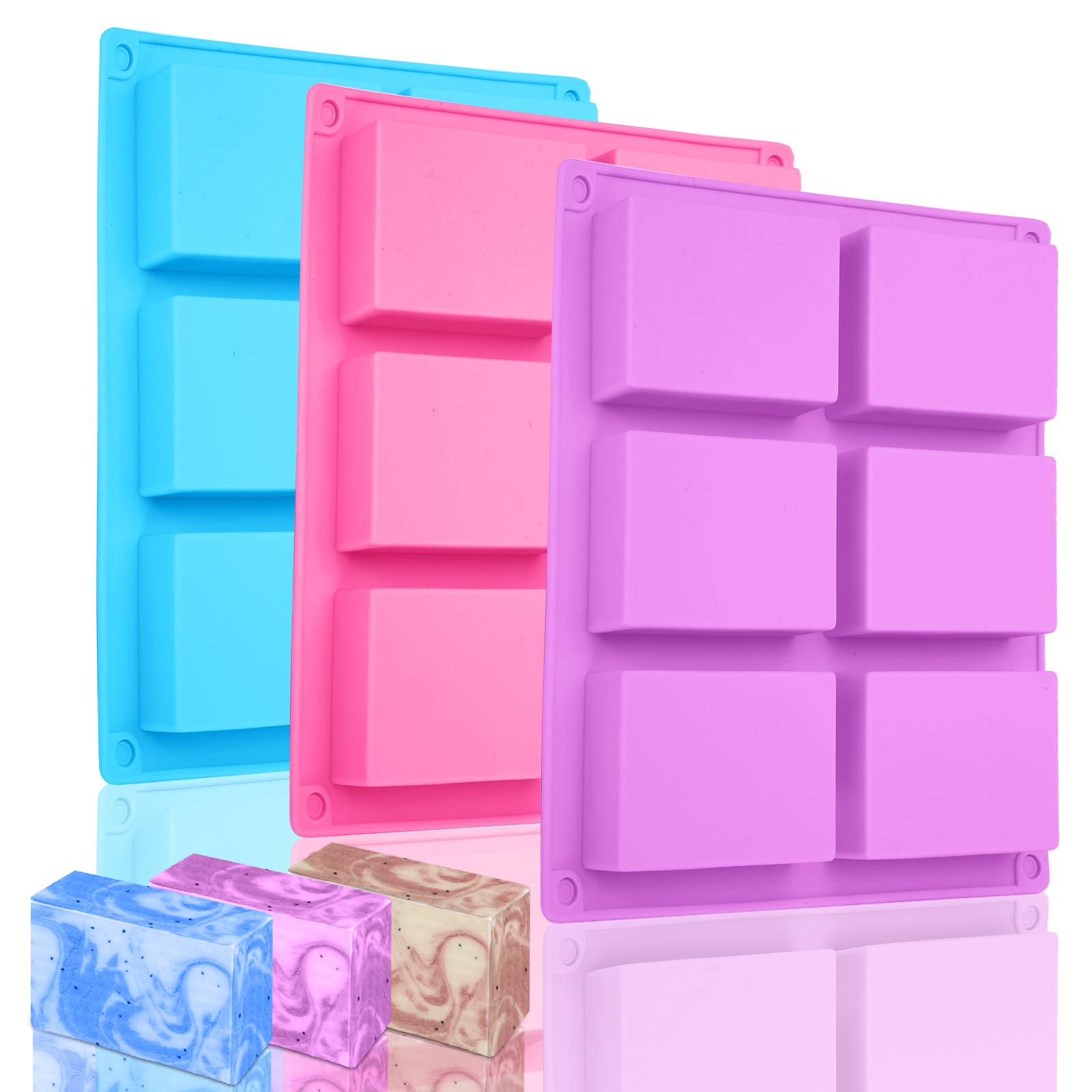 Pack of 3 Silicone Moulds, Rectangular, Bolatus Soap Moulds, 6-Cavity Silicone Moulds, Soap DIY Silicone Mould for Baking, Cakes, Chocolate, Biscuit, Ice Cubes, Homemade Handmade (Pink + Blue +