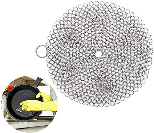 Cast Iron Cleaner, Steel Chainmail Scrubber Cookware Cleaner For Pots, Skillets, Griddle Pans, BBQ Grills and More With Hanging Ring, Round
