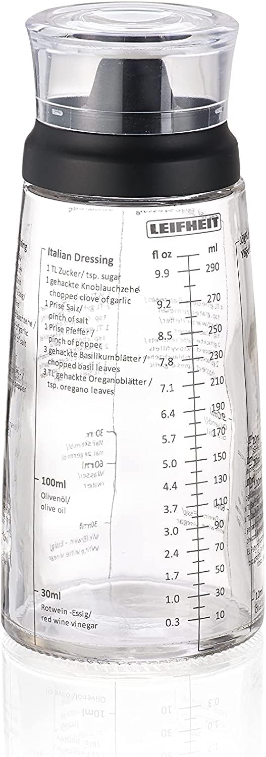 Leifheit Salad Dressing Shaker, 5 Imprinted Recipes, Glass Bottle, Non-Drip Spout, Dishwasher Safe, Black Transparent, 300 ml Measuring, Salad Dressing Pots, dressing maker
