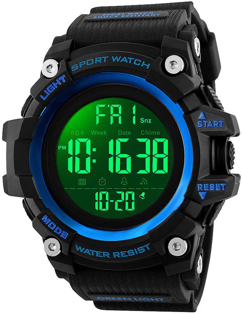 FANMIS Men's Digital Waterproof Sports Watch Military Multifunction Dual Time Stopwatch Alarm Backlight 50M Water Resistant Watch, Blue, Digital