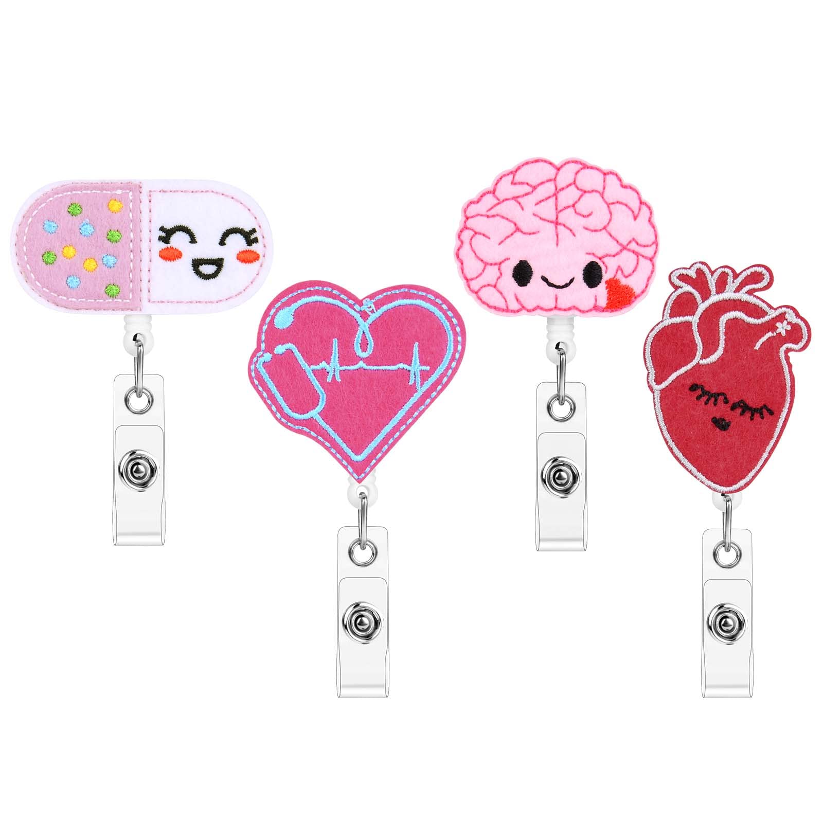 OFFCUP Badge Reel Holder, 4pcs Retractable Felt Badge Reels, Cute ID Badge Holder Felt Nurse Reel Retractable Lanyard Clips for Nurse Doctor Teacher Student