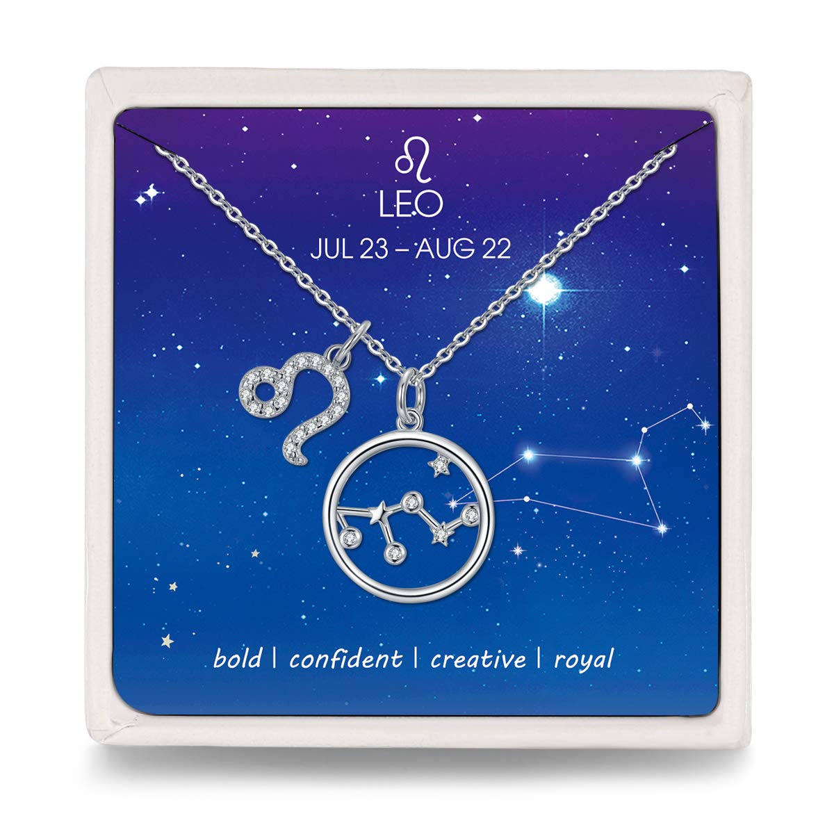 Qings Leo Zodiac Pendant Necklace 925 Sterling Silver Stars CZ Horoscope Friendship Necklaces Gifts for Women Girls