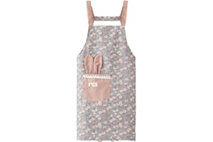 Floral Print Bib Pocket Apron for Women Stain Resistant with 3D Bunny Ear Pocket Durable Breathable