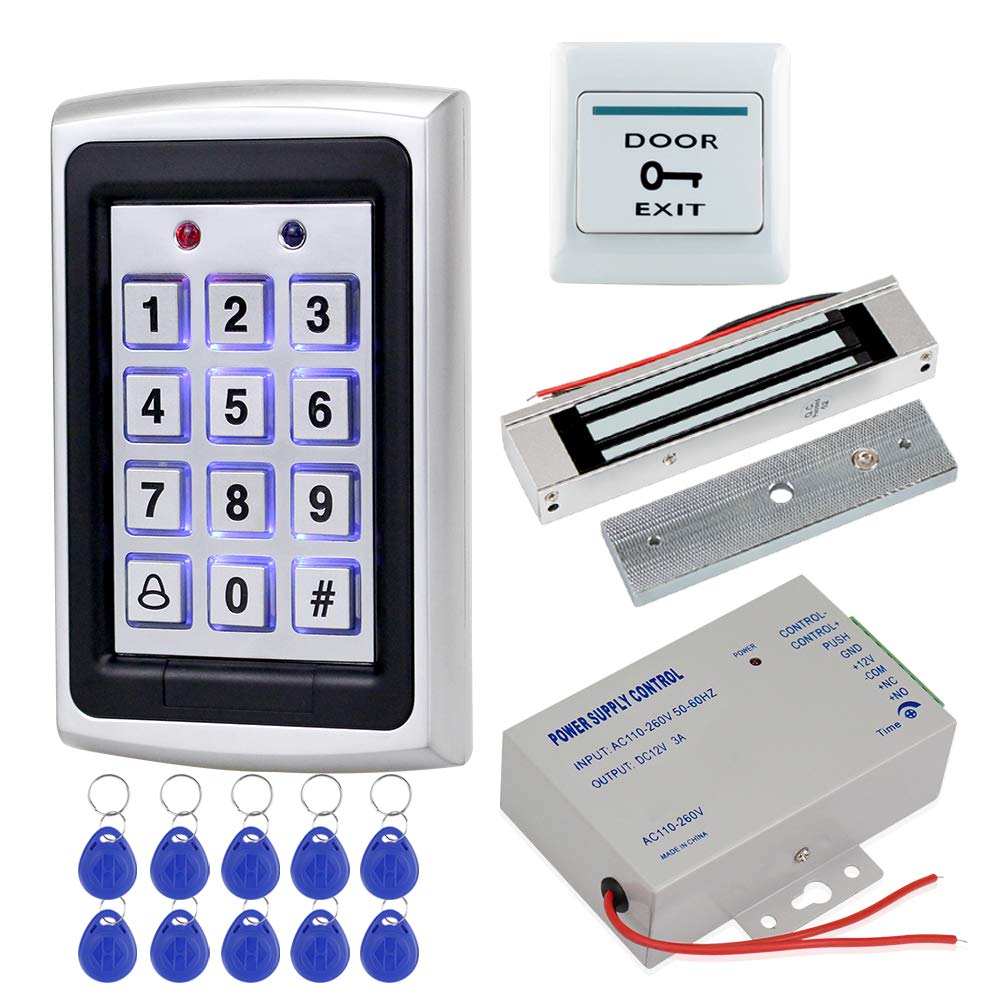 HFeng Full Kit Door Access Control System 125KHz RFID Keypad Reader Metal Case + 180KG Electromagnetic Lock + DC12V 3A Power Supply Controller + Door Exit Button + 10pcs Keyfobs