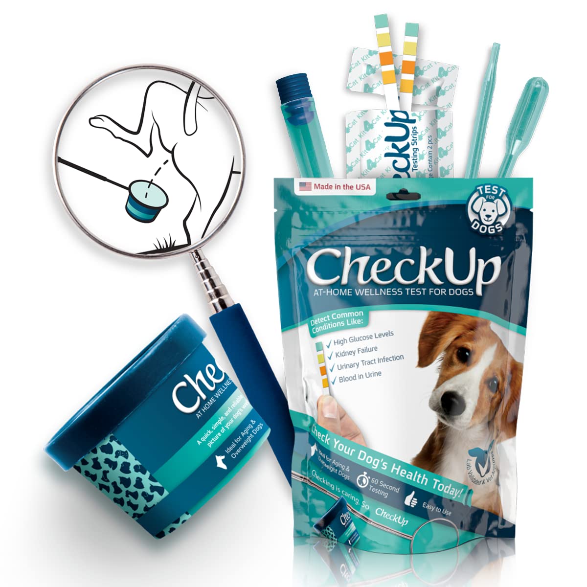 Kit4Cat CheckUp Kit at Home Wellness Test for Dogs - Telescopic Pole, Detachable Cup for Urine Collection and Testing Strips for Detection of Diabetes, Kidney Conditions, UTI and Blood in the Urine