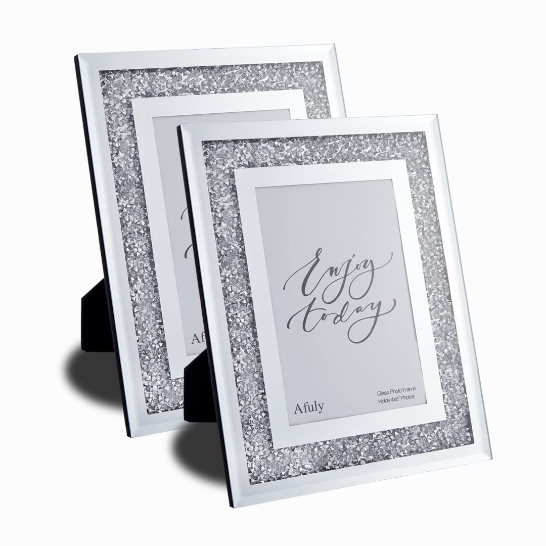 Photo 1 of 2Pcs Glass Crystal Diamond Mirror Photo Frame - Silver Luxury Exquisite Decorations (Size 4x6)