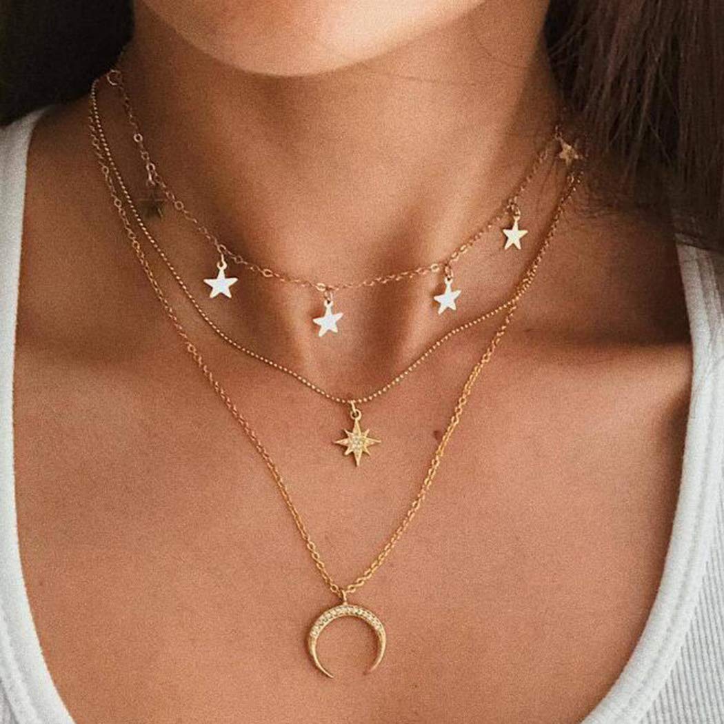 Yienate Bohemia Multilayer Necklace with Octagonal Moon Crescent Pendant Gold Chain Jewelry for Woman and Girls