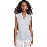 Calvin Klein Women's Solid Ruched-Front V-Neck Sleeveless Blouse (Arctic Ice, X-Large)