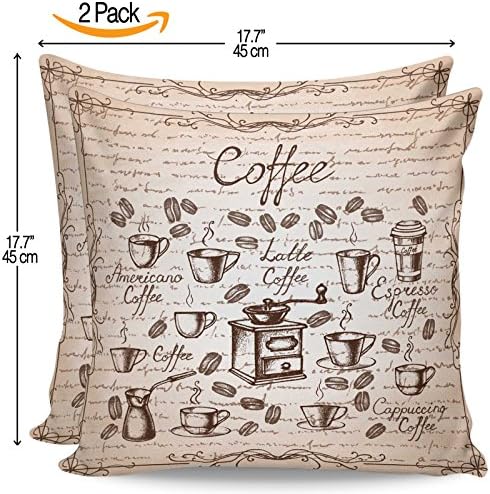 Serra Home 2-Pack Decorative Brown Coffee Latte Cup Shapes Line, 18" x 18" Throw Pillow Covers Set Turkish New Design Linen Square Made in Turkey Patterned Cases Couch Cushion for Sofa Bedroom