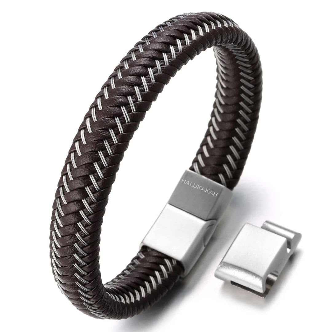 Halukakah Jazz Men's Genuine Leather Bracelet Titanium Magnetic Clasp Size Adjustable 8.2"-8.7"(21-22cm) with Free Giftbox, Brown — image 1